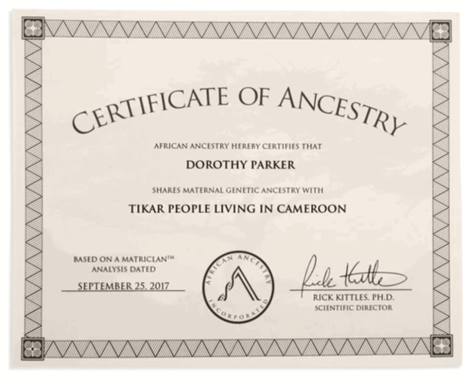 Sample African Ancestry certificate.
