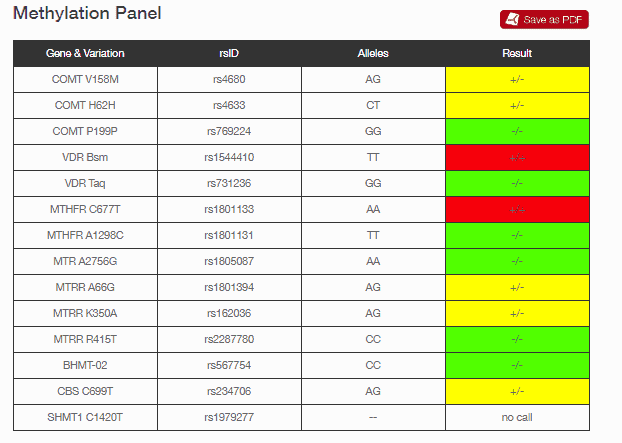 Genetic Genie-Tabelle mit vier Spalten zur Beschreibung von 14 Genen und Variationen, rsID, Allele und Ergebnis