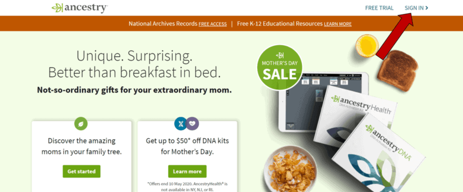 The Ancestry sign in button is in the upper right corner.