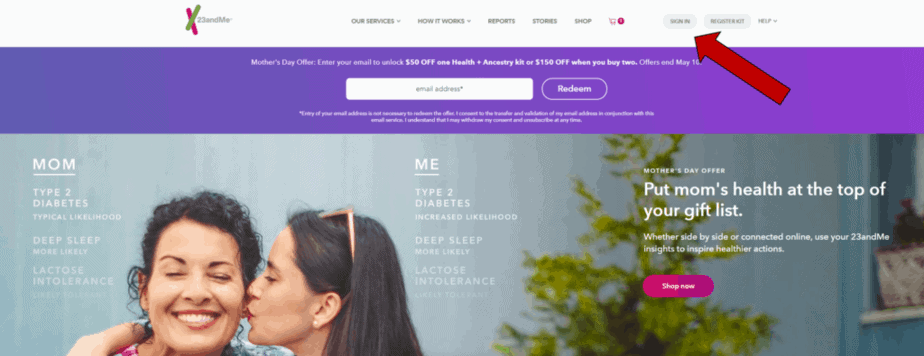 The 23andMe sign in button is the upper right corner.