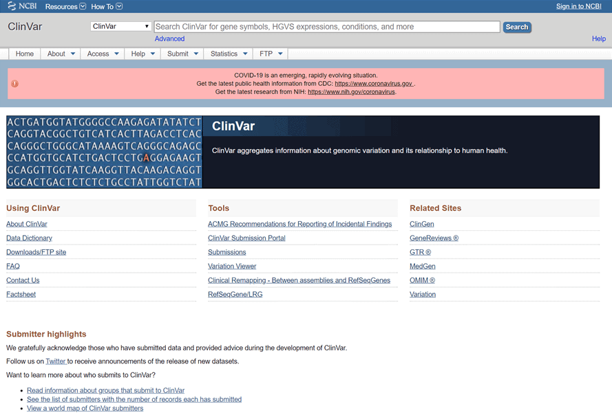 ClinVar homepage.