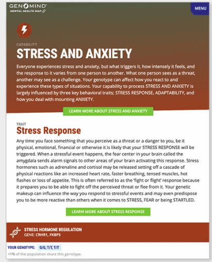 Un exemple du guide Genomind sur le stress et l'anxiété