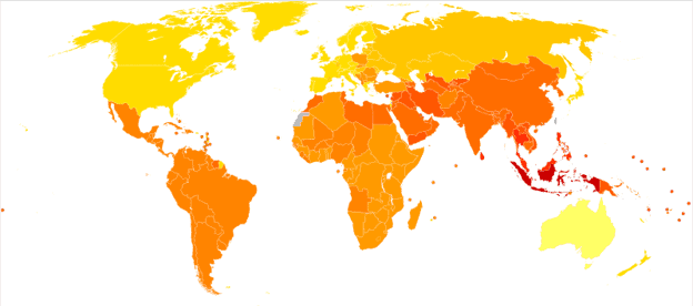 世界中の統合失調症の関連する有病率の地図