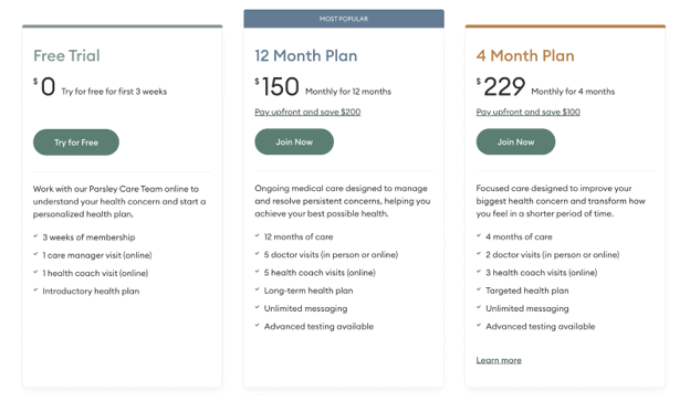 Opciones de suscripción de Parsley Health