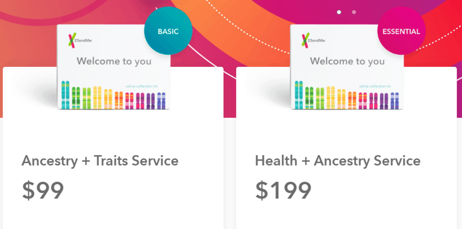 Les deux options de test de 23andMe : Ancêtre + Traits et Santé + Ancêtre