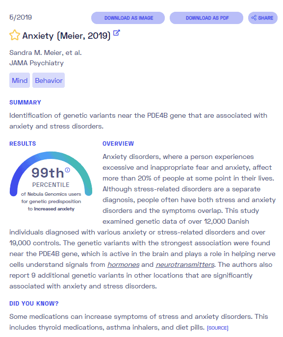 NebulaGenomicsからの不安に関するサンプルレポート