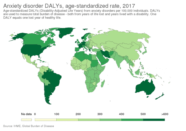 Prevalencia del trastorno de ansiedad en el mundo 