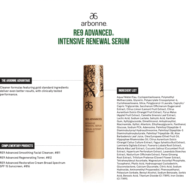 Ingrédients Arbonne pour le sérum régénérateur intensif RE9 Advanced