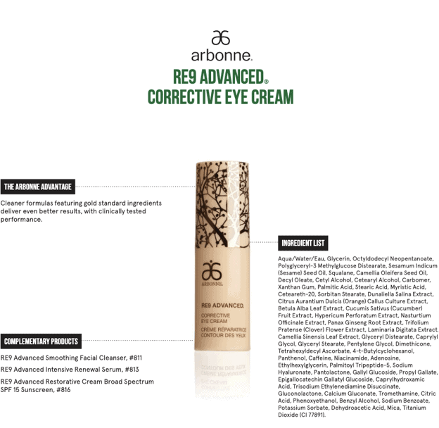 Ingredientes Arbonne para RE9 Advanced Corrective Eye Cream