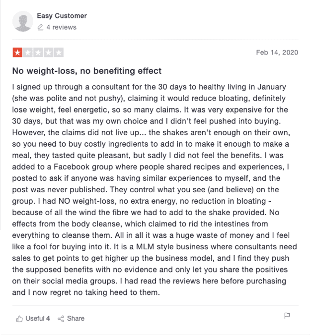 A negative Arbonne review referencing their weight loss programs