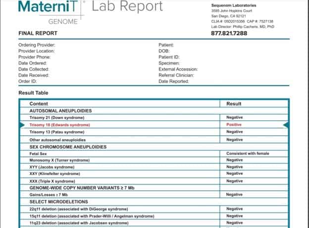 Screenshot of a MaterniT Genome lab report from Integrated Genetics with details on the top and a table featuring all tests taken and their results