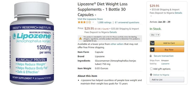 Exemplo de um fornecedor de Lipozene na Amazon