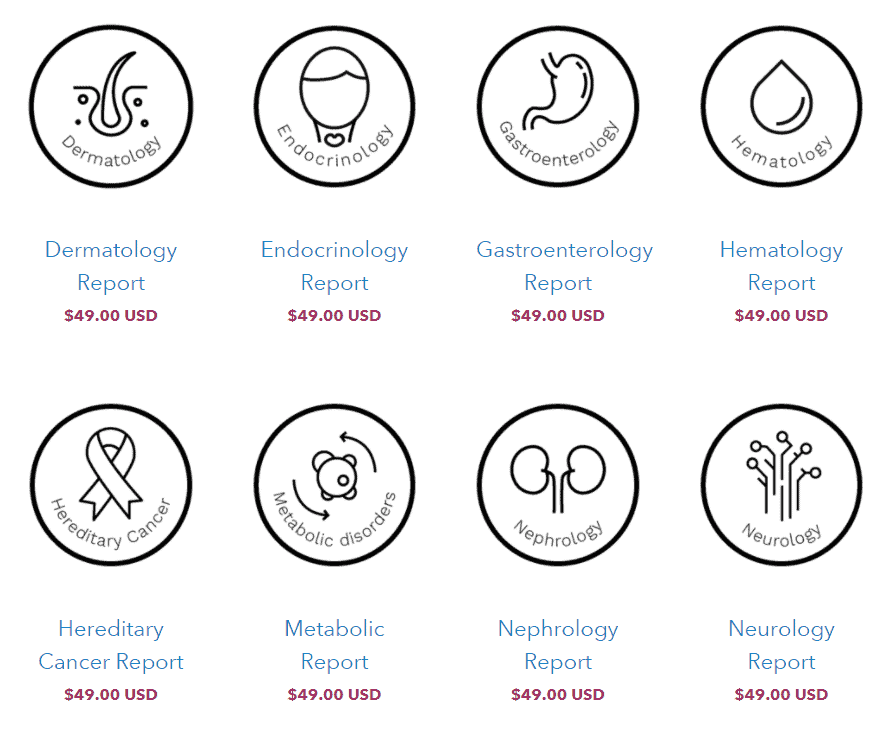 Les huit options de rapport de Dante Labs sont disponibles à l'achat, chacune au prix de 49 $.