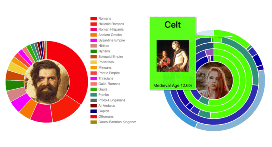 Pie chart of a user's ancestry and another depicting a woman's majority of Celtic ancestry