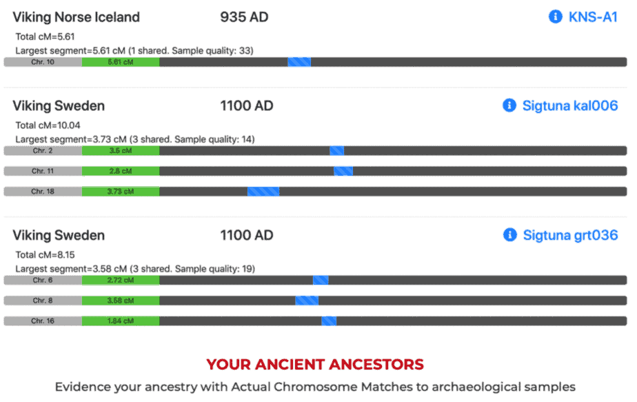 Beispiel für Details über alte Vorfahren: Wikinger-Nordisches Island und Wikinger-Schweden in einem MyTrueAncestry-Bericht