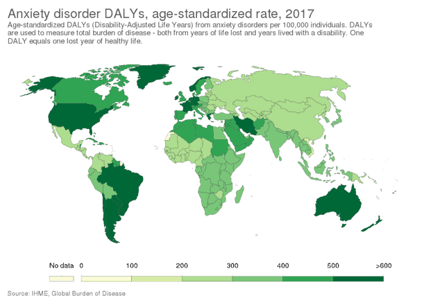 Anxiety disorder prevalence in the world 