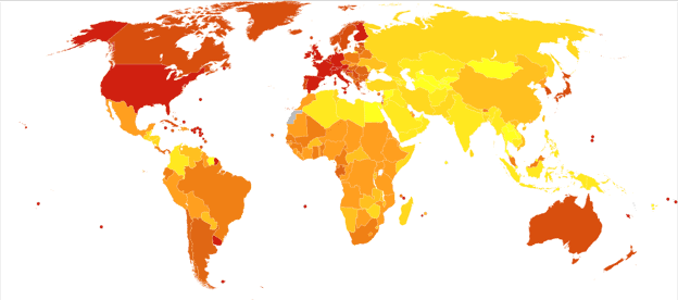 A map of deaths due to Parkinson's in 2012