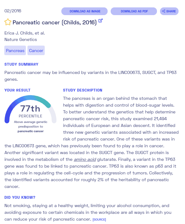 Sample report on pancreatic cancer from Nebula Genomics