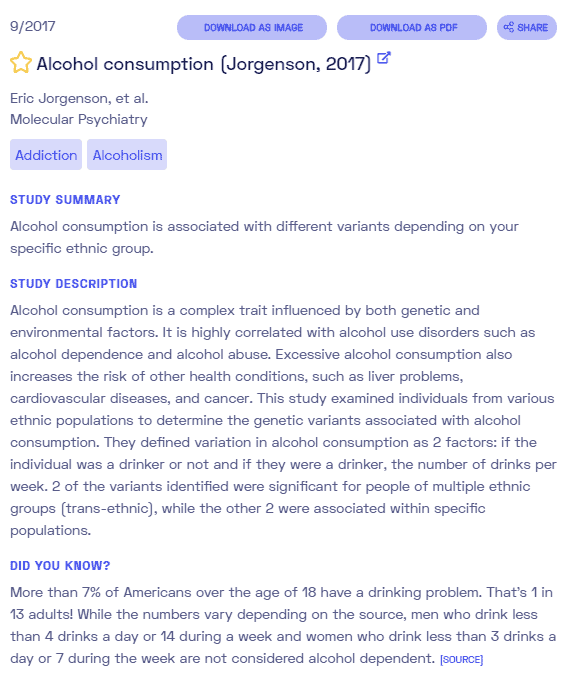 Alcohol consumption sample report from Nebula Genomics. Check out our full article on alcoholism for more information.