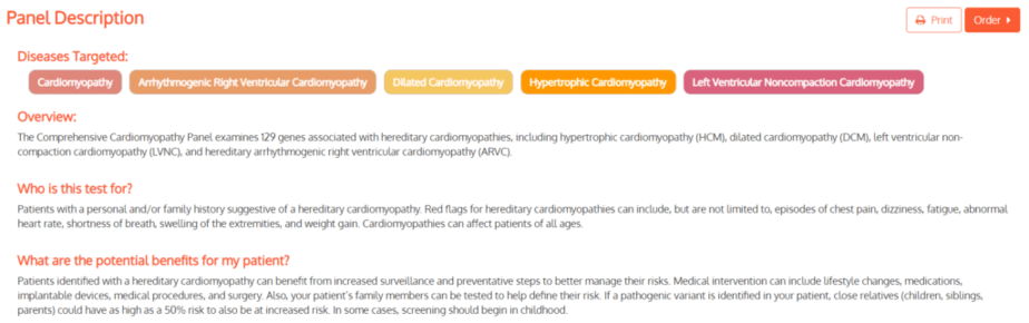 Panel description for Fulgent Genetics cardiomyopathy kit