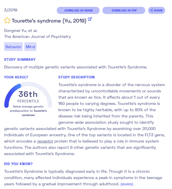 Sample report on Tourettes from Nebula Genomics