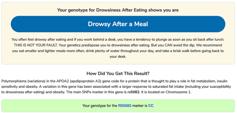 Sample report from CRI Genetics for drowsiness after eating