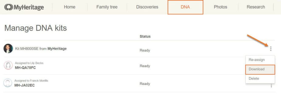 Sección de configuración de MyHeritage donde se encuentra la opción de descargar datos de ADN.