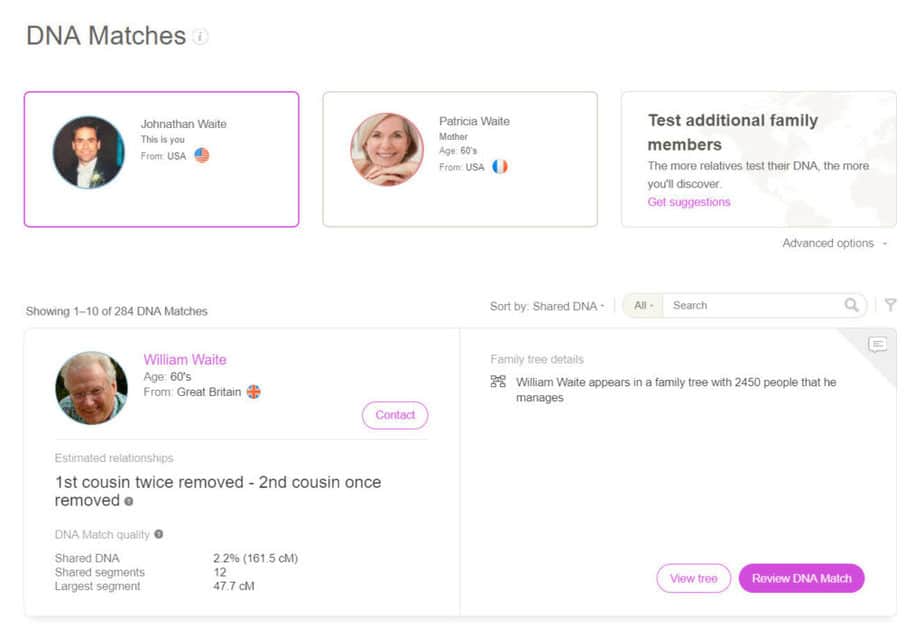 The MyHeritage matches section of the report showing the user and their matches with photo and relevant information.