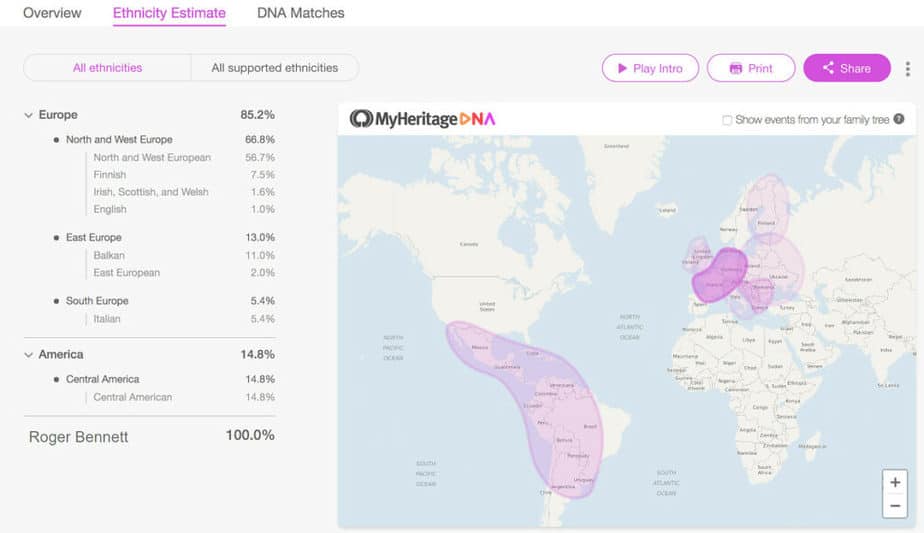 Estimativas de porcentagem de etnia MyHeritage em um mapa em um navegador da web. 