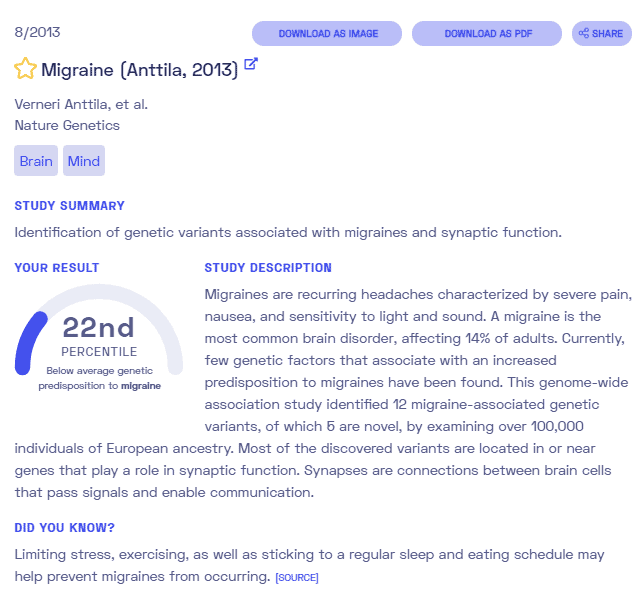 Sample report for migraines from Nebula Genomics