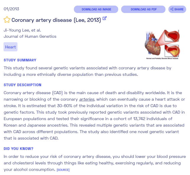 Sample report on coronary artery disease from Nebula Genomics. Check out our full article on heart disease for more information.