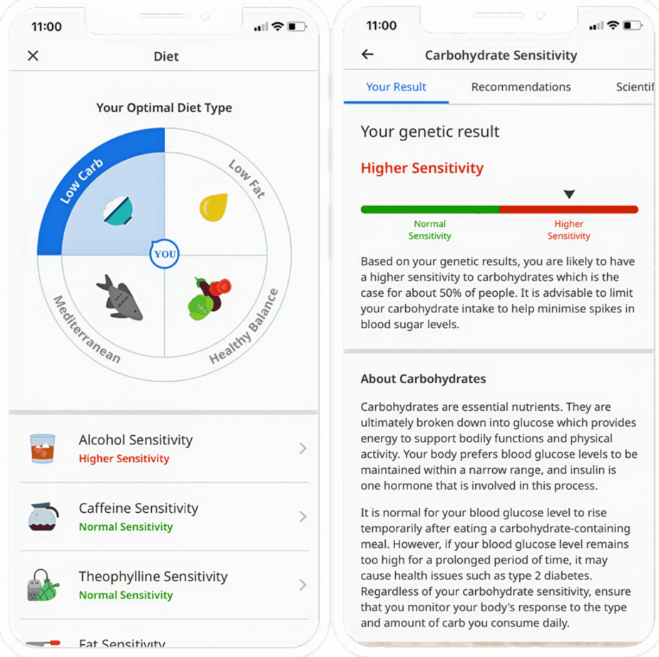 Функция отчетности CircleDNA об оптимальном типе диеты