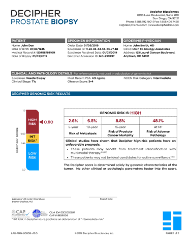 Decipher prostate biopsy sample test result