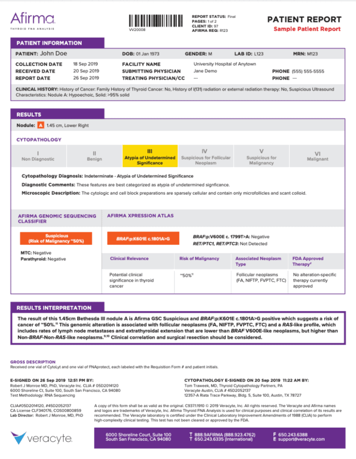 Afirma sample report for thyroid cancer