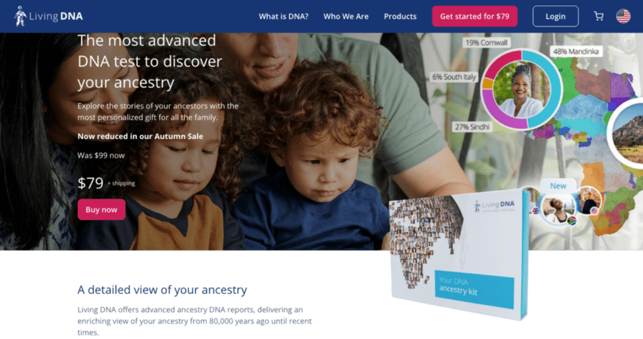 Screenshot of Living DNA homepage with a banner photo of a family of 4 and a display of the Ancestry kit box