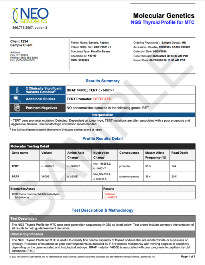 NeoGenomics sample report for thyroid cancer