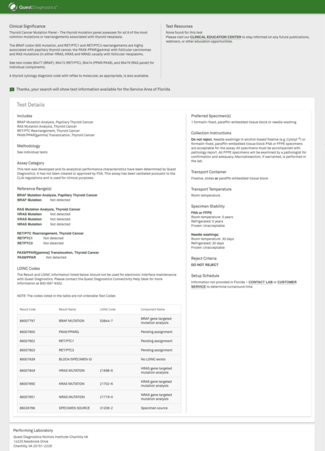 Quest Diagnostics sample report for thyroid cancer