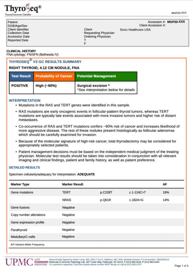 ThyroSeq sample report for thyroid cancer