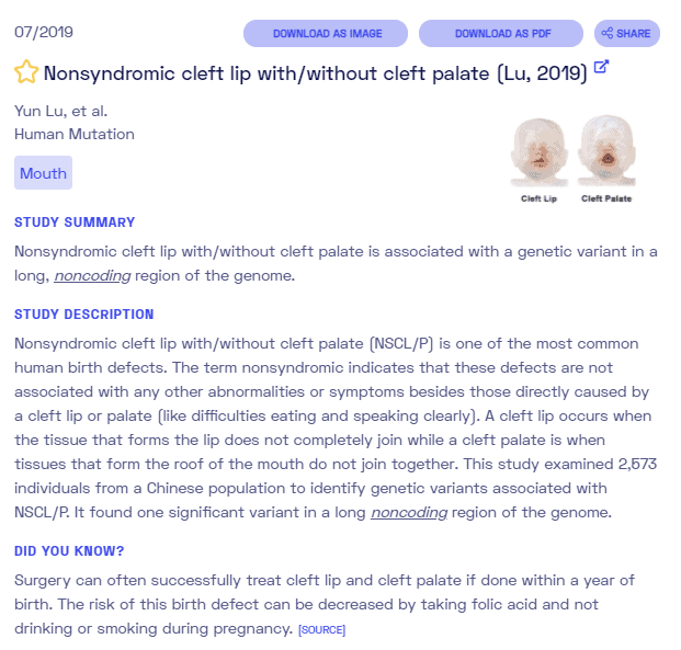 Sample report on cleft lip from Nebula Genomics