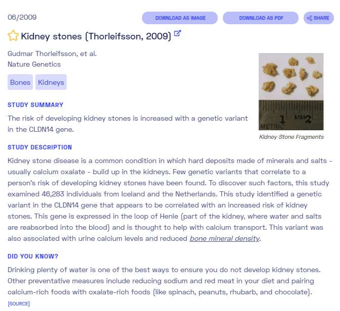 Sample report on kidney stones from  Nebula Genomics