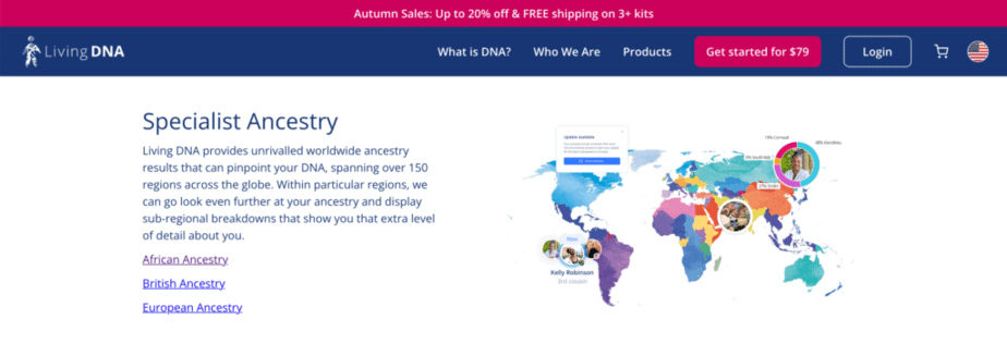 Capture d'écran de la page de Living DNA expliquant l'offre Specialist Ancestry