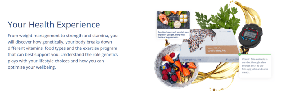 Screenshot of the description of Your Health Experience featuring a photo of the product laid out over photos of fruits, vegetables, and a stopwatch