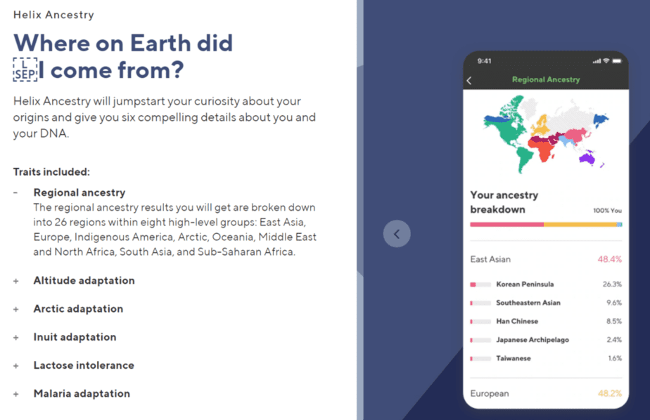 Beschreibung der Helix Ancestry App mit einer Liste der enthaltenen Merkmale auf der linken Seite und einem Beispielfoto der App-Ansicht auf der rechten Seite