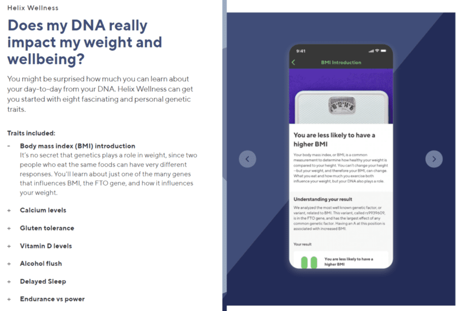 Descrição da aplicação Helix Wellness com uma lista de características incluídas à esquerda e uma fotografia de amostra da vista da aplicação à direita