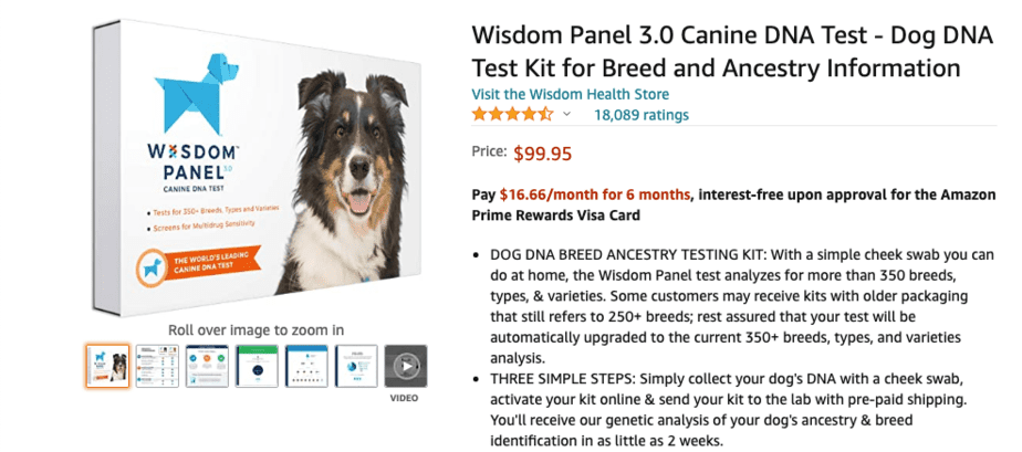 Captura de pantalla de la página de producto de Amazon para el test de ADN canino Wisdom Panel 3.0