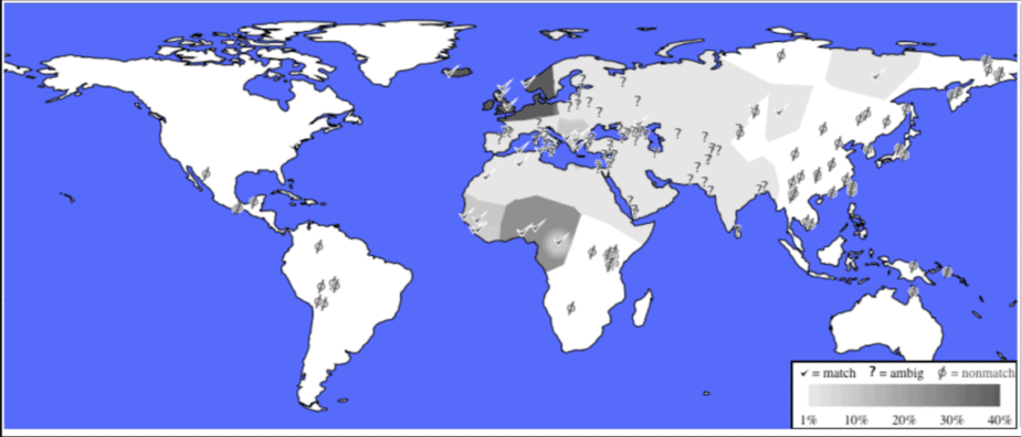 Mapa mundial em escala de cinzentos com diferentes tonalidades de cinzento indicando quão bem um utilizador combina com os antepassados de cada região