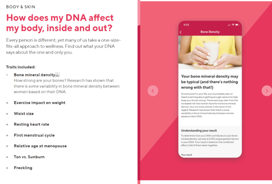 Descrição da aplicação Body &amp; Skin com uma lista de traços incluídos à esquerda e uma fotografia de amostra da vista da aplicação à direita