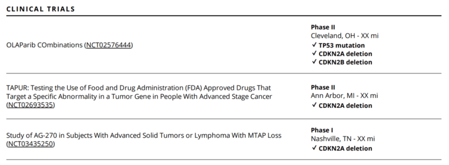 Sample of a Tempus Labs clinical report clinical trials section