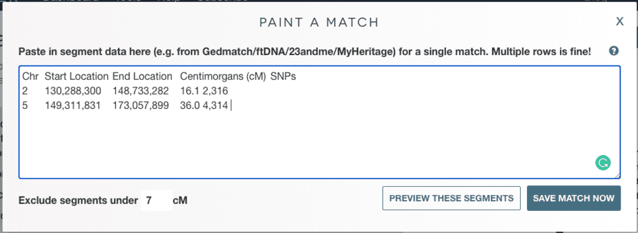 Screenshot einer Eingabeleiste in DNA Painter, in die Benutzer ein Datensegment einfügen und eine Übereinstimmung speichern
