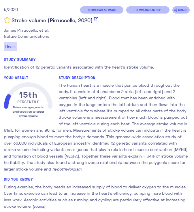 Sample report on stroke volume from Nebula Genomics. Check out our full article on strokes for more information.